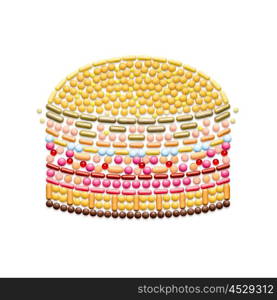 Creative health concept made of drugs and pills, isolated on white. Unhealthy junk food burger.