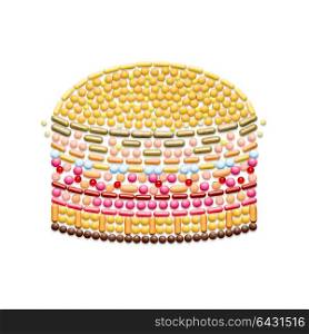 Creative health concept made of drugs and pills, isolated on white. Unhealthy junk food burger.