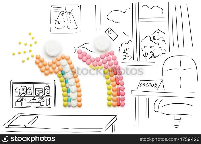 Creative health concept made of drugs and pills, person caught a cold, sneezing and spreading disease in front of another person on sketchy background.