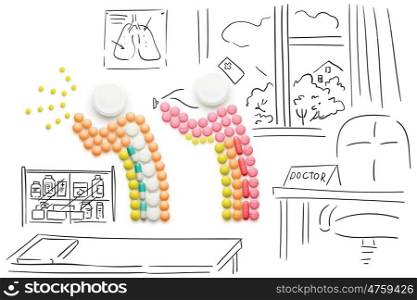 Creative health concept made of drugs and pills, person caught a cold, sneezing and spreading disease in front of another person on sketchy background.