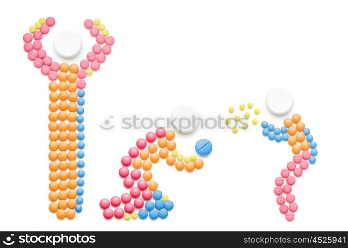 Creative health concept made of drugs, isolated on white. Sick child sneezing and spreading disease on adult.