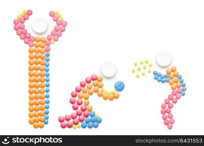 Creative health concept made of drugs, isolated on white. Sick child sneezing and spreading disease on adult.