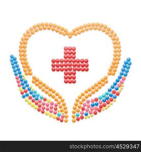 Creative healthcare concept made of drugs and pills, isolated on white. Medical pharmacy cross symbol.