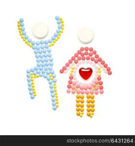 Creative healthcare concept made of drugs and pills, on white background. Family holding hands.