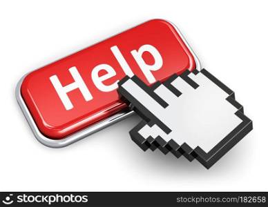 Creative help, support and assistance concept: hand link selection computer mouse cursor pressing red metal glossy button with Help text isolated on white background