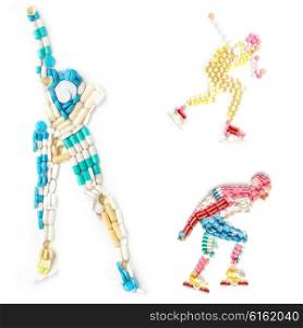 Creative icon set of health and sports concept with doping drugs in the shape of a speed roller skater and ice roller skater on track.