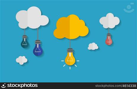 Creative idea and inspiration. Flat cloud and creative light bulb design on background for education