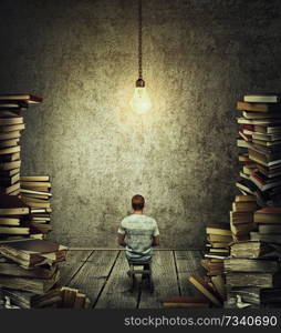 Creative idea concept as a person, scribe sitting in a dark room surrounded by tall piles of books and a suspended glowing lightbulb above his head. Wise librarian or writer get inspiration.