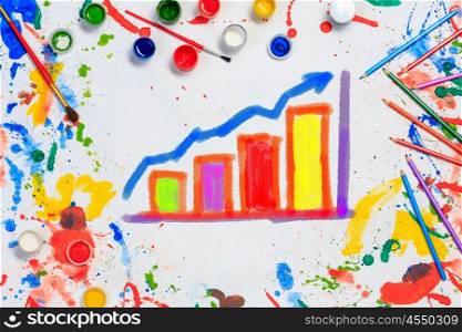Creative ideas for income. Concept of financial growth with colorful drawing of rising graph