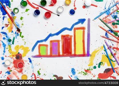 Creative ideas for income. Concept of financial growth with colorful drawing of rising graph