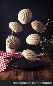 Creative image of Conchas Bread. Mexican sweet bread roll with seashell-like appearance, Usually eaten with coffee or hot chocolate at breakfast or as an afternoon snack.