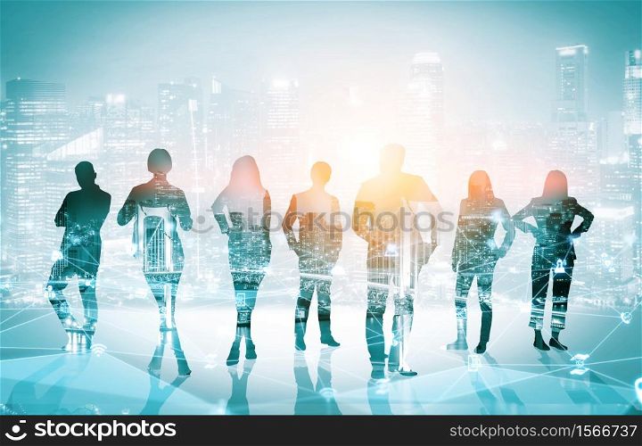 Creative image of many business people conference group meeting on city office building background showing partnership success of business deal. Concept of teamwork, trust and agreement.