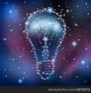Creative inspiration and imagination of new ideas as a night sky with a group of stars and planets as a bright space constellation in the shape of a shining light bulb.