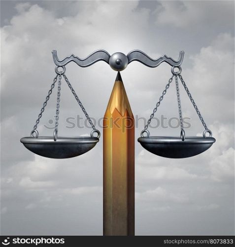 Creative law legal concept or education rights as a pencil balancing a justice scale as a metaphor for lawyer planning or free speech rights as a 3D illustration.