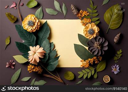 Creative layout made of flowers and leaves. Flat lay. Illustration Generative AI 