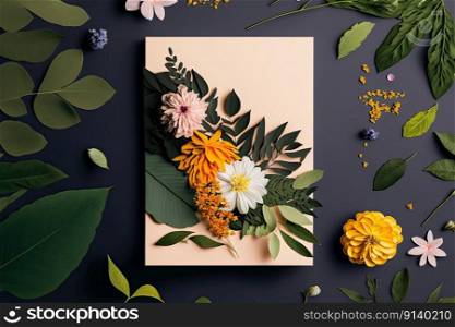 Creative layout made of flowers and leaves. Flat lay. Illustration Generative AI 
