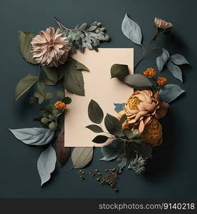 Creative layout of flowers and leaves with a paper note. Flat lay. Illustration Generative AI 