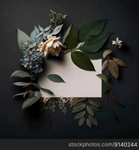 Creative layout of flowers and leaves with a paper note. Flat lay. Illustration Generative AI 