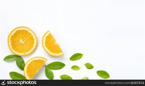 Creative layout orange slices with green leaves on white background, flat lay with copy space for text