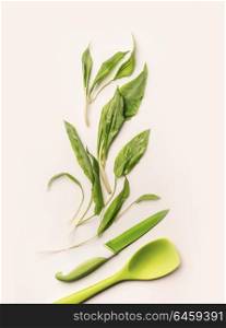 Creative layout with fresh green wild garlic leaves , knife and cooking spoon on white background. Healthy seasonal food, recipes and eating concept