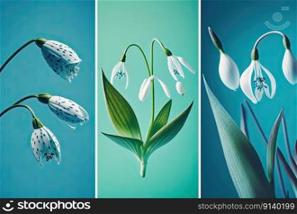 Creative layout with snowdrop colors on a bright blue background. Illustration Generative AI 