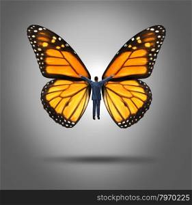 Creative leadership concept with a businessman flying up by using the wings of a monarch butterfly as a symbol of innovation and freedom of expression to aspire to higher goals of success through confidence and belief.