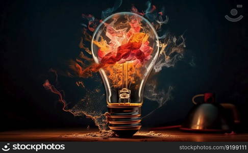Creative light bulb explodes with colorful paint and splashes on a black background. Think differently creative idea concept generative ai illustration. . Creative light bulb explodes with colorful paint and splashes on a black background. Think differently creative idea concept generative ai. 