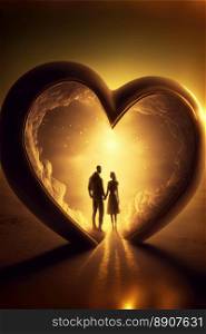 Creative Love concept with golden color. Silhouette of a couple in love. Generative AI