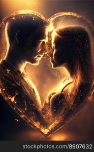 Creative Love concept with golden color. Silhouette of a couple in love. Generative AI