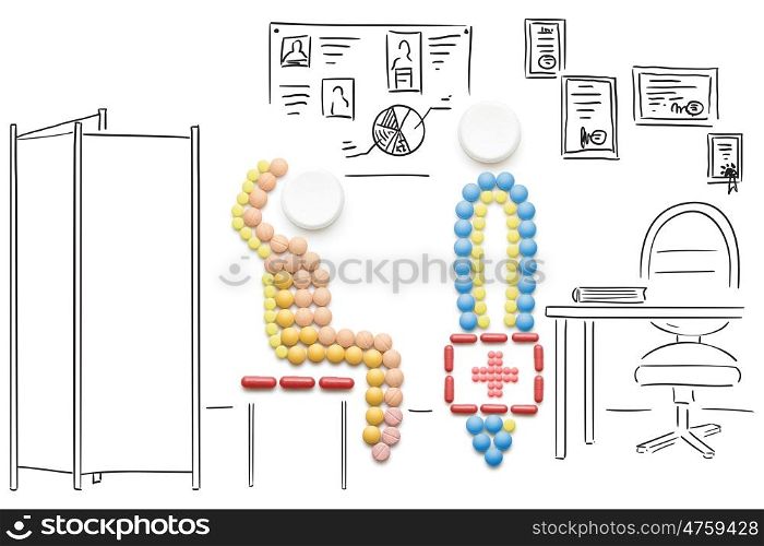 Creative medicine and healthcare concept made of drugs and pills, doctor in hospital visiting patient on sketchy background.