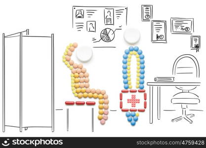 Creative medicine and healthcare concept made of drugs and pills, doctor in hospital visiting patient on sketchy background.