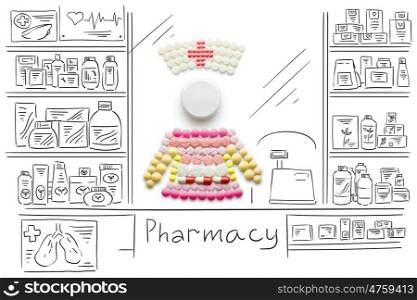 Creative medicine and healthcare concept made of drugs and pills, nurse or female doctor in pharmacy on sketchy background.