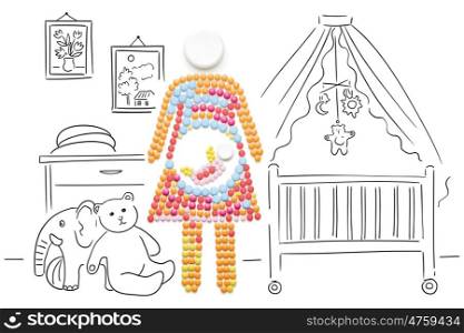Creative medicine and healthcare concept made of pills, a pregnant woman with a baby on sketchy background.