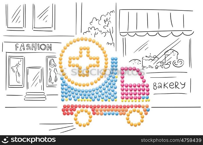 Creative medicine and healthcare concept made of pills, drug and medication delivery by truck, on sketchy background.