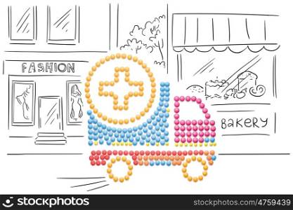 Creative medicine and healthcare concept made of pills, drug and medication delivery by truck, on sketchy background.