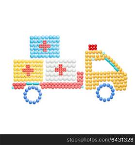 Creative medicine and healthcare concept made of pills, drug and medication delivery by truck, isolated on white.