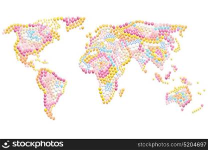Creative medicine and healthcare concept made of pills in the shape of a global map on white background.