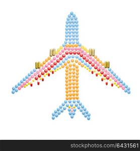 Creative medicine and healthcare concept made of pills in the shape of a plane on white background.