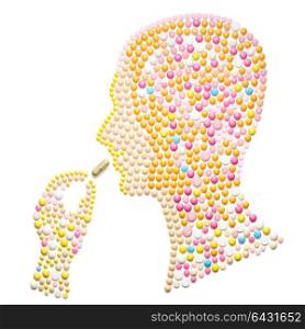 Creative medicine and healthcare concept made of pills in the shape of a human head taking a pill on white background.