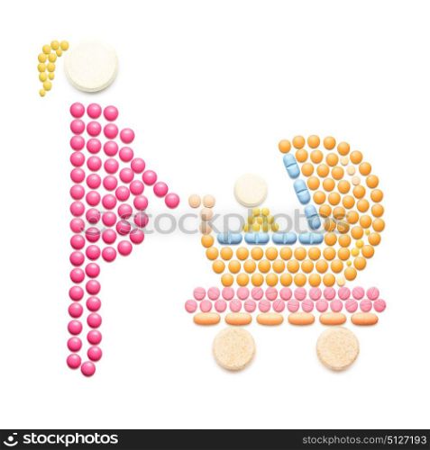 Creative medicine and healthcare concept made of pills, mother with pram, isolated on white background.