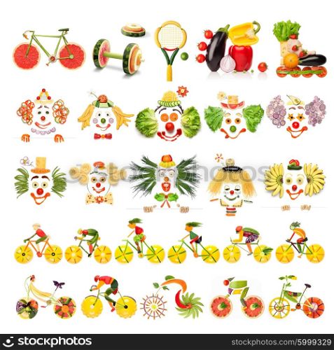 Creative menu set of food concepts with clowns, sports equipment and cyclists made of vegetables and fruits, isolated on white.
