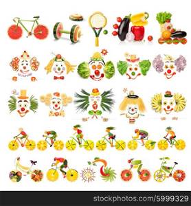 Creative menu set of food concepts with clowns, sports equipment and cyclists made of vegetables and fruits, isolated on white.