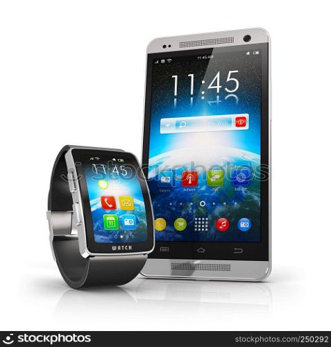 Creative mobile connectivity and business mobility wireless communication concept: smart watch or clock and touchscreen smartphone with color interface isolated on white background with reflection effect