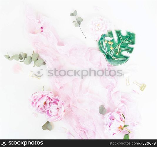 Creative moern wedding composition mock up, pink blanket, flowers, eucalyptus branches on white background. Flat lay, top view stylish art concept.. Creative wedding composition