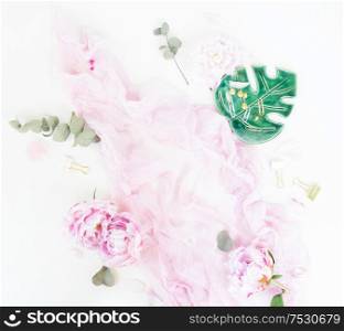 Creative moern wedding composition mock up, pink blanket, flowers, eucalyptus branches on white background. Flat lay, top view stylish art concept.. Creative wedding composition