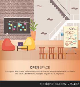 Creative Office Coworking Center Cozy Open Space. Shared Working Environment. Modern Furniture at Workplace Loft Style. Bean Bag Chair, Scrum Board, Laptop on Table. Cartoon Flat Vector Illustration. Creative Office Coworking Center Cozy Open Space
