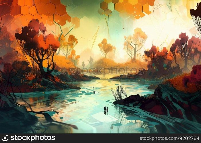 Creative painting of beautiful fantasy magic landscape in autumn fairy tale