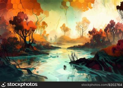 Creative painting of beautiful fantasy magic landscape in autumn fairy tale