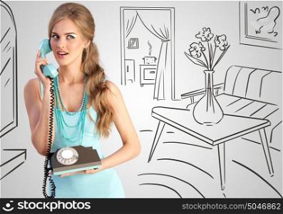 Creative photo of a pretty pin-up girl speaking via vintage phone on a home sketchy background.