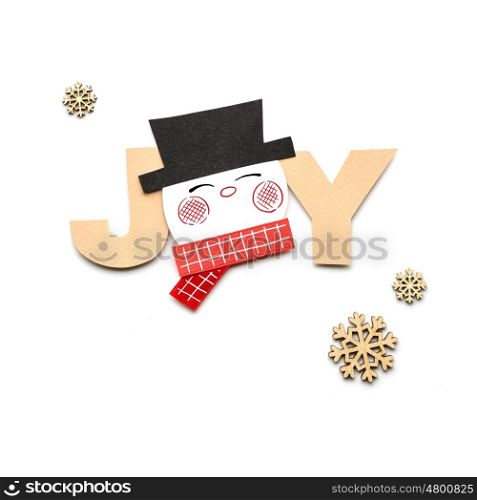 Creative photo of a snowman made of paper with joy sign on white background.